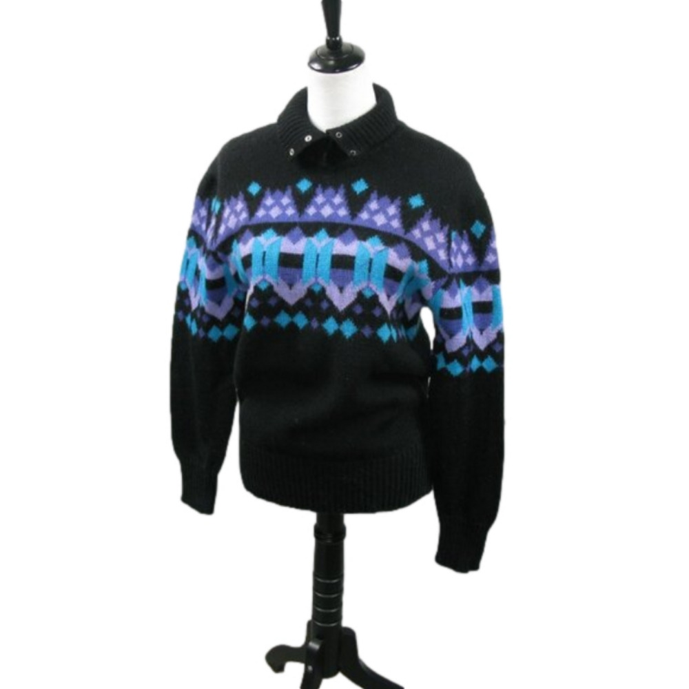Serac Vintage Colorful Mock Neck 100% Wool Ski Sweater Size Medium